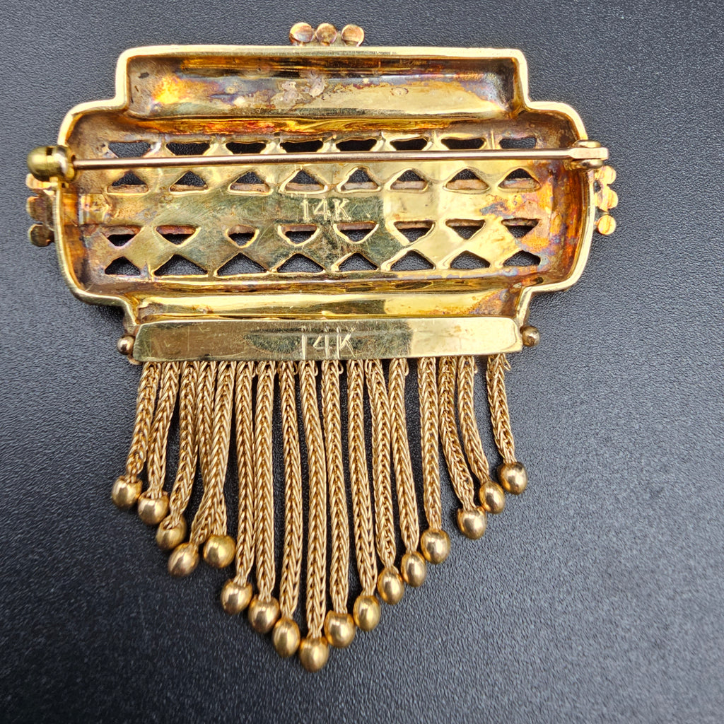 14k Vintage enamel and pearl brooch