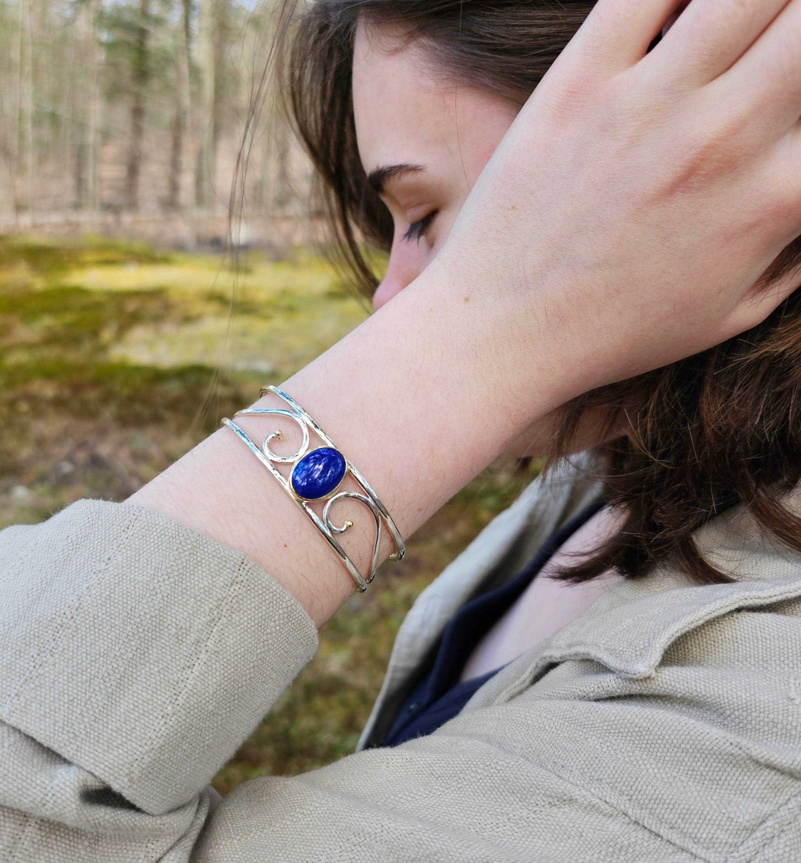 Sterling silver and 18k gold Lapis cuff bracelet