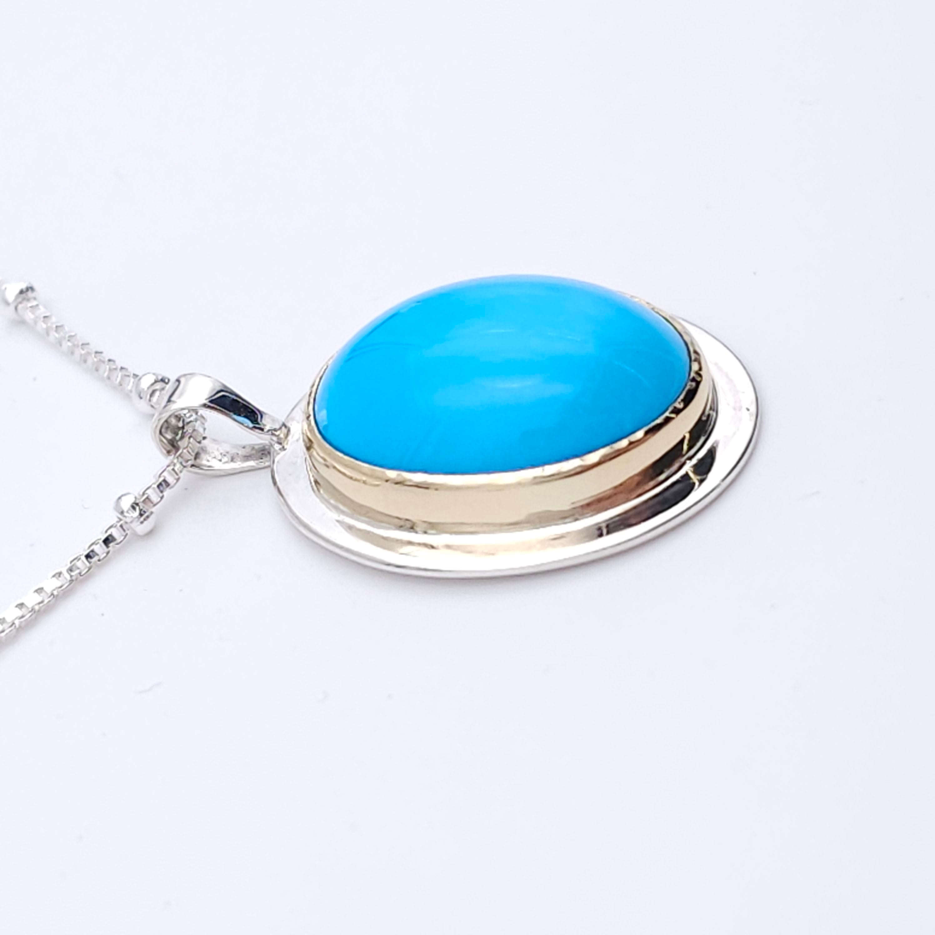 Turquoise bezel set necklace in silver and gold