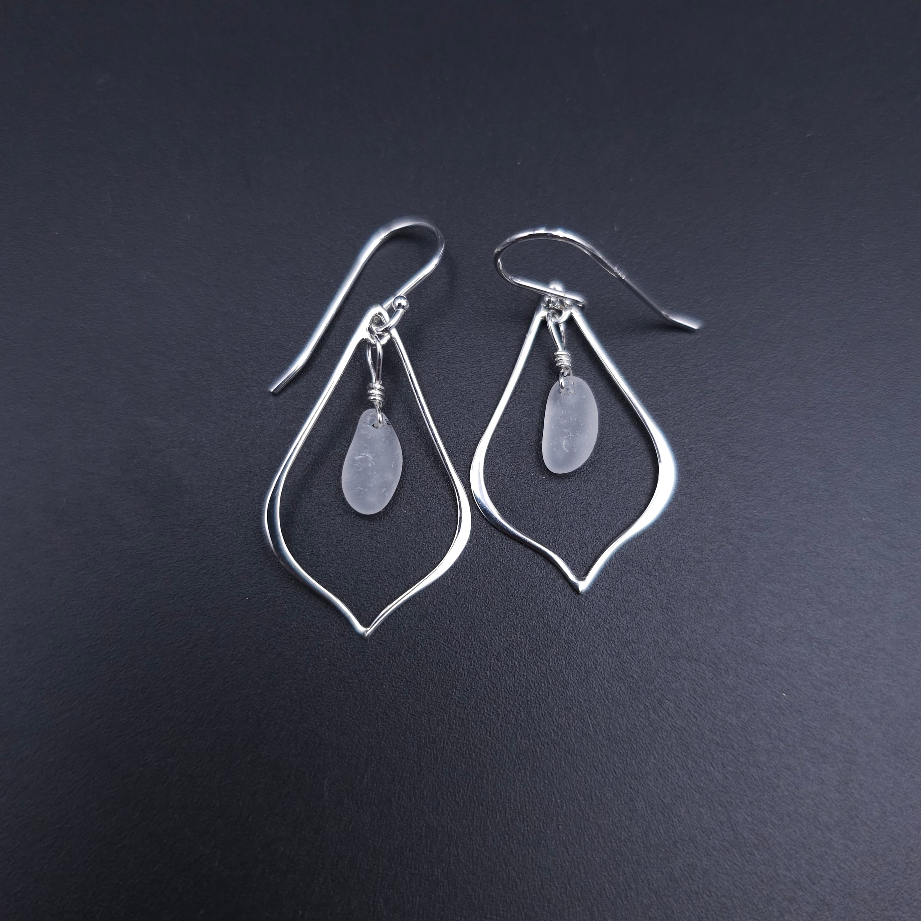 Medium pointed teardrop earrings with white sea glass