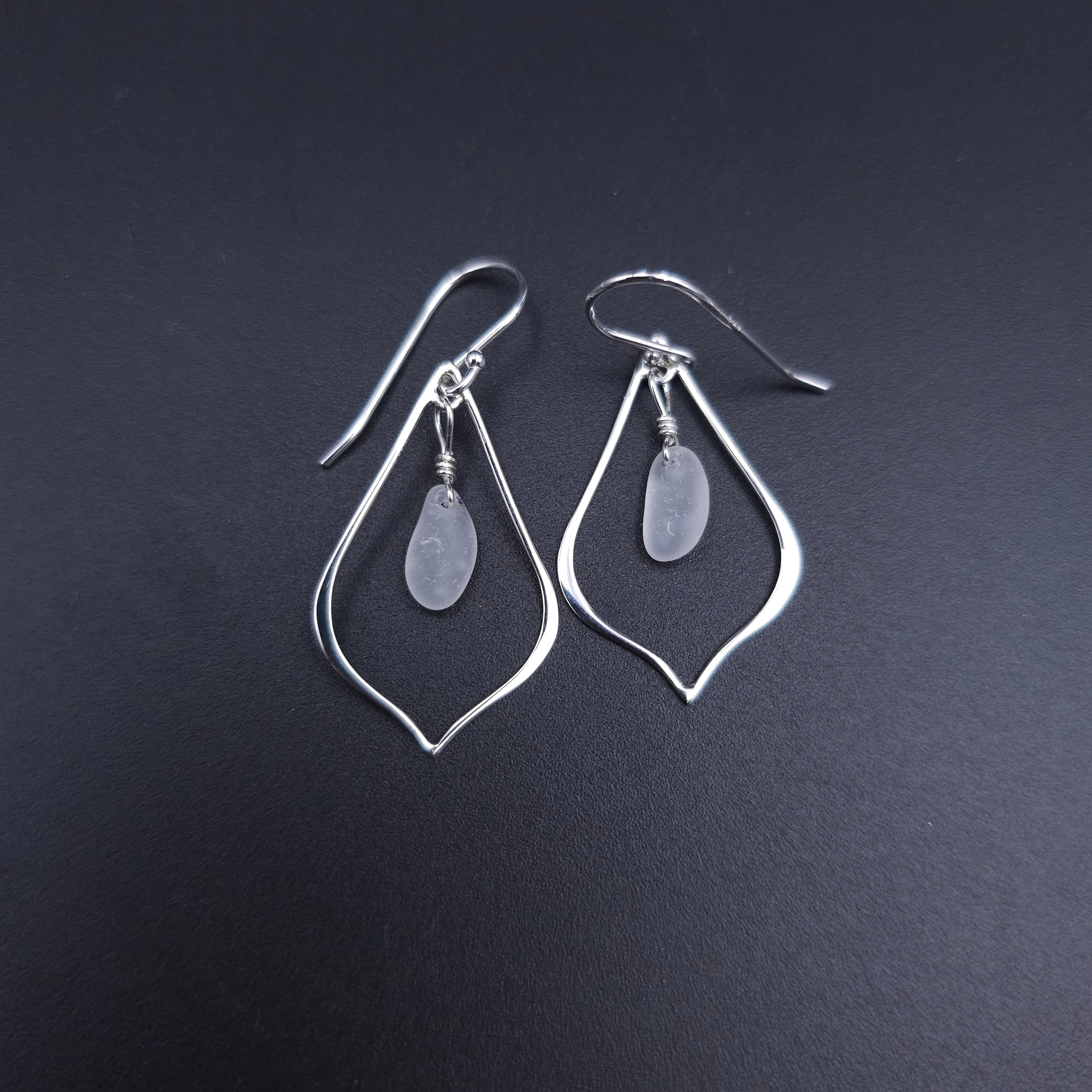 Medium pointed teardrop earrings with white sea glass