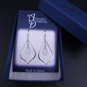 Medium pointed teardrop earrings with white sea glass