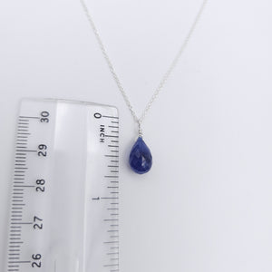 Blue Sapphire silver teardrop faceted briolette necklace with ruler showing almost 3/4" pendant length