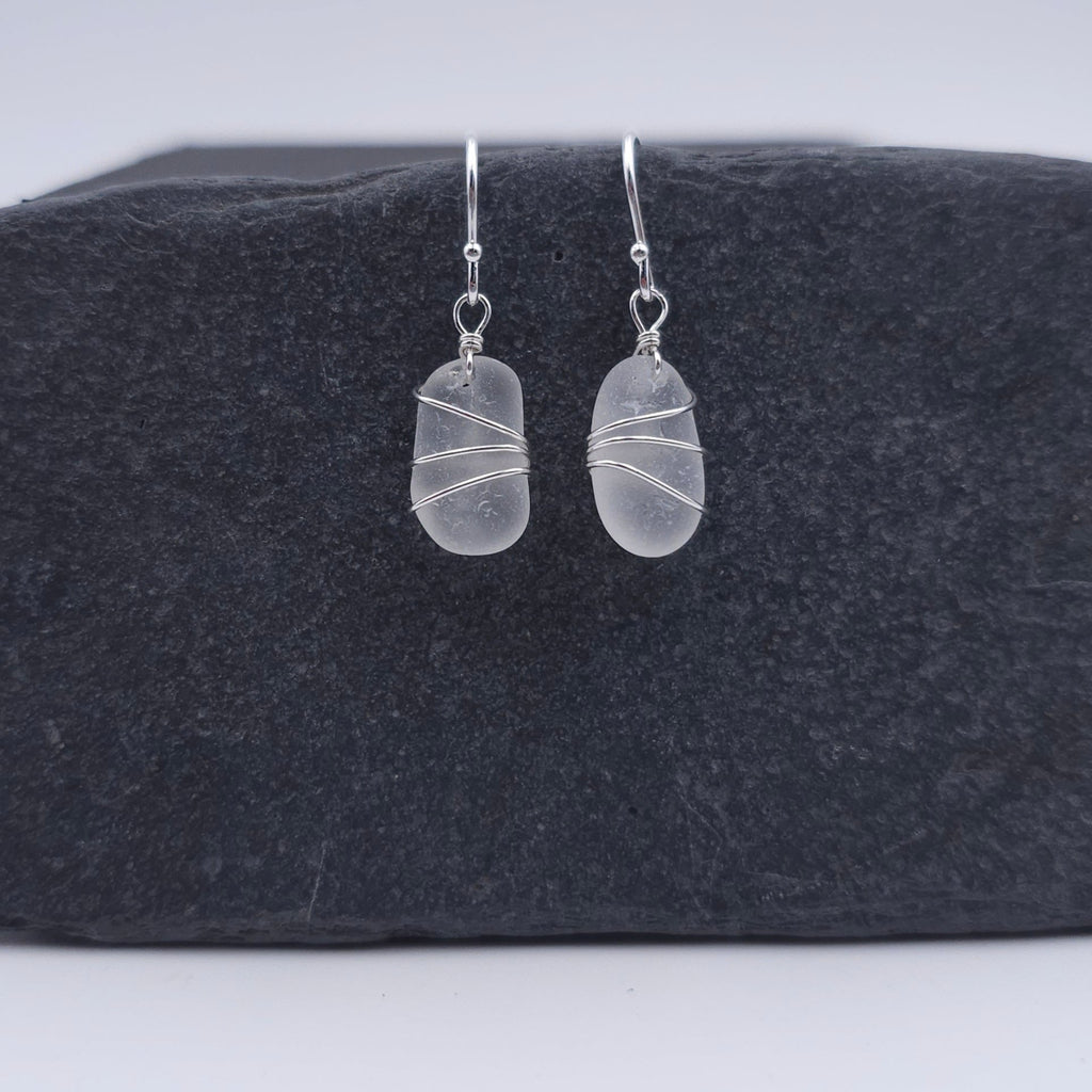 Wire wrapped silver white sea glass earrings