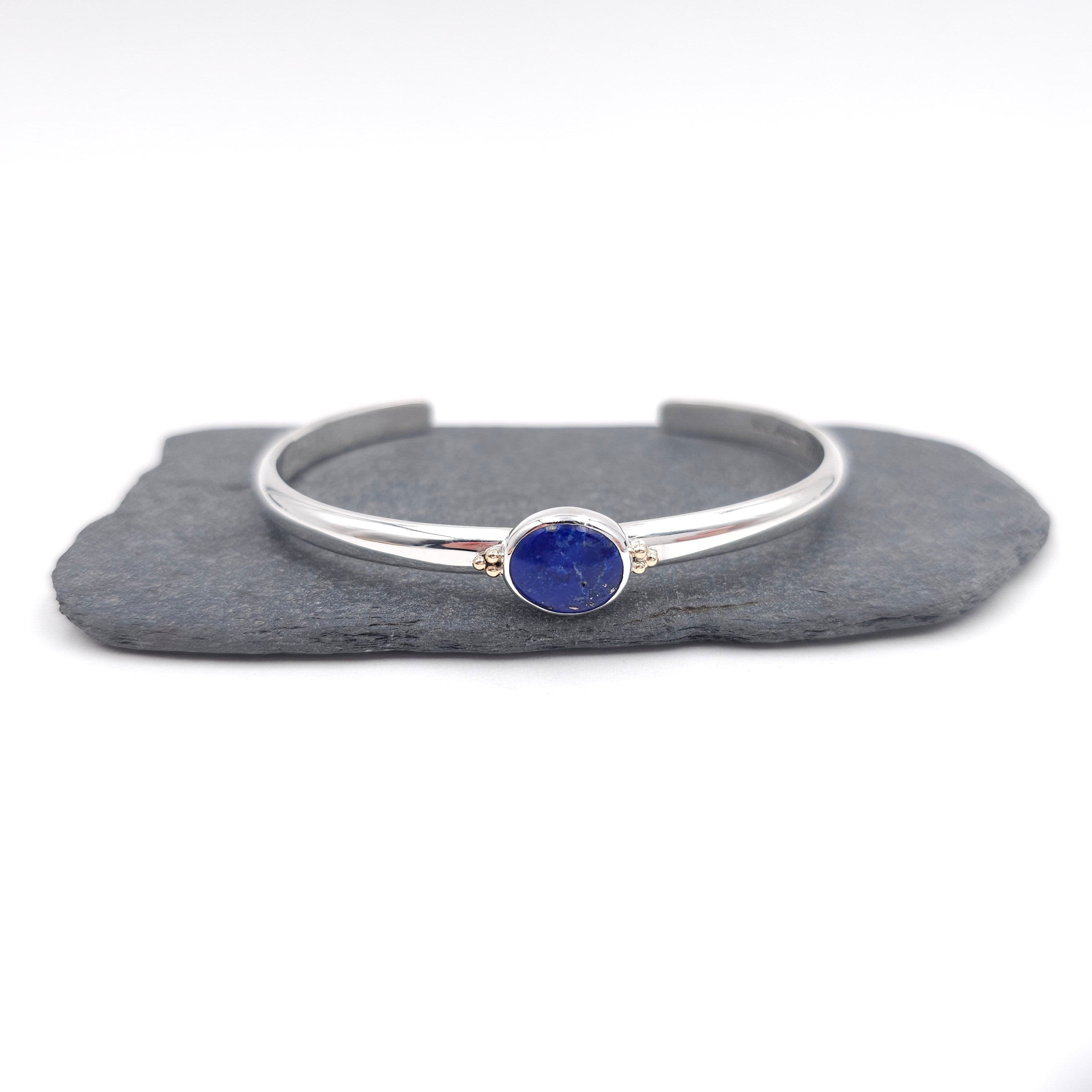 Sterling silver Lapis cuff bracelet with 14k gold accents