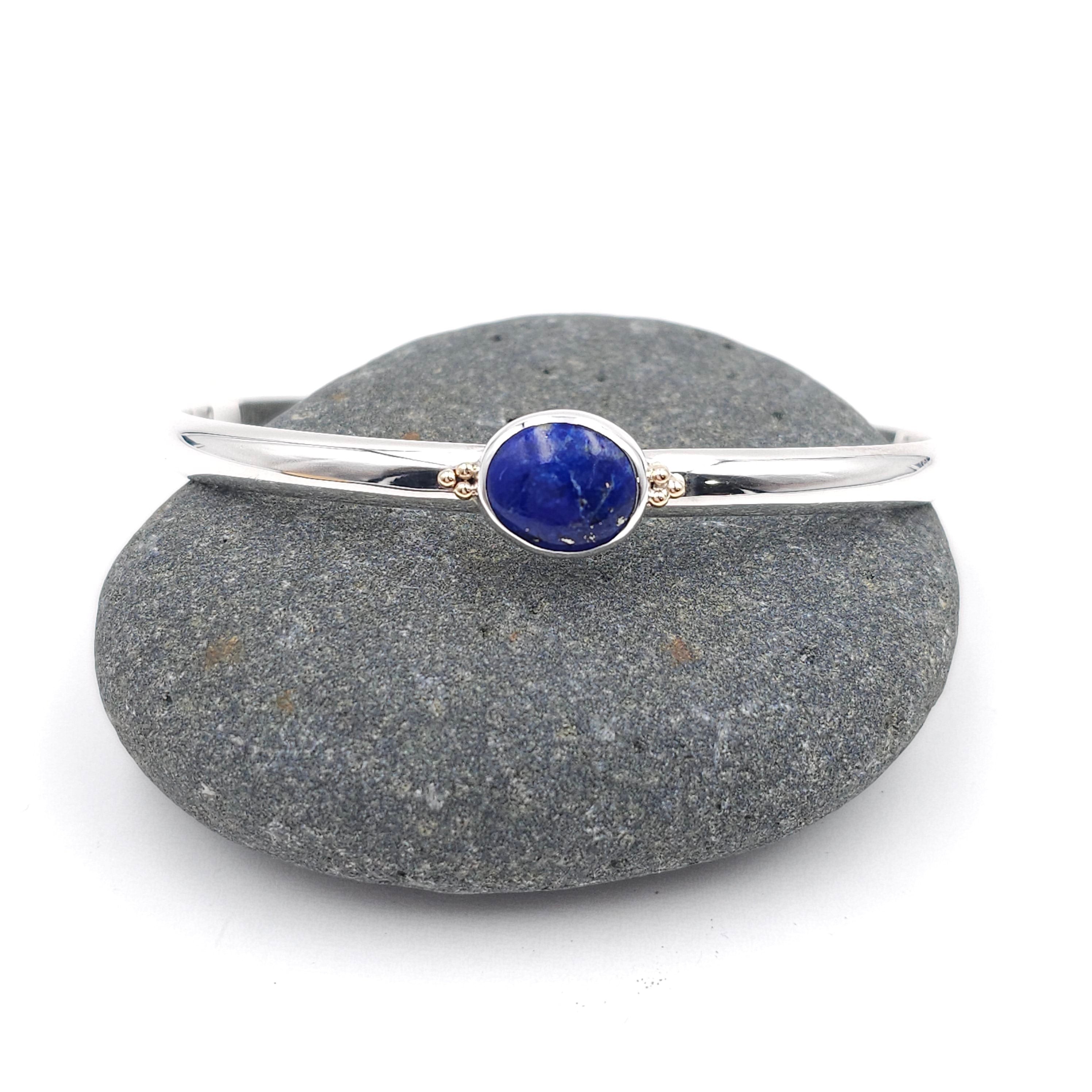 Sterling silver Lapis cuff bracelet with 14k gold accents