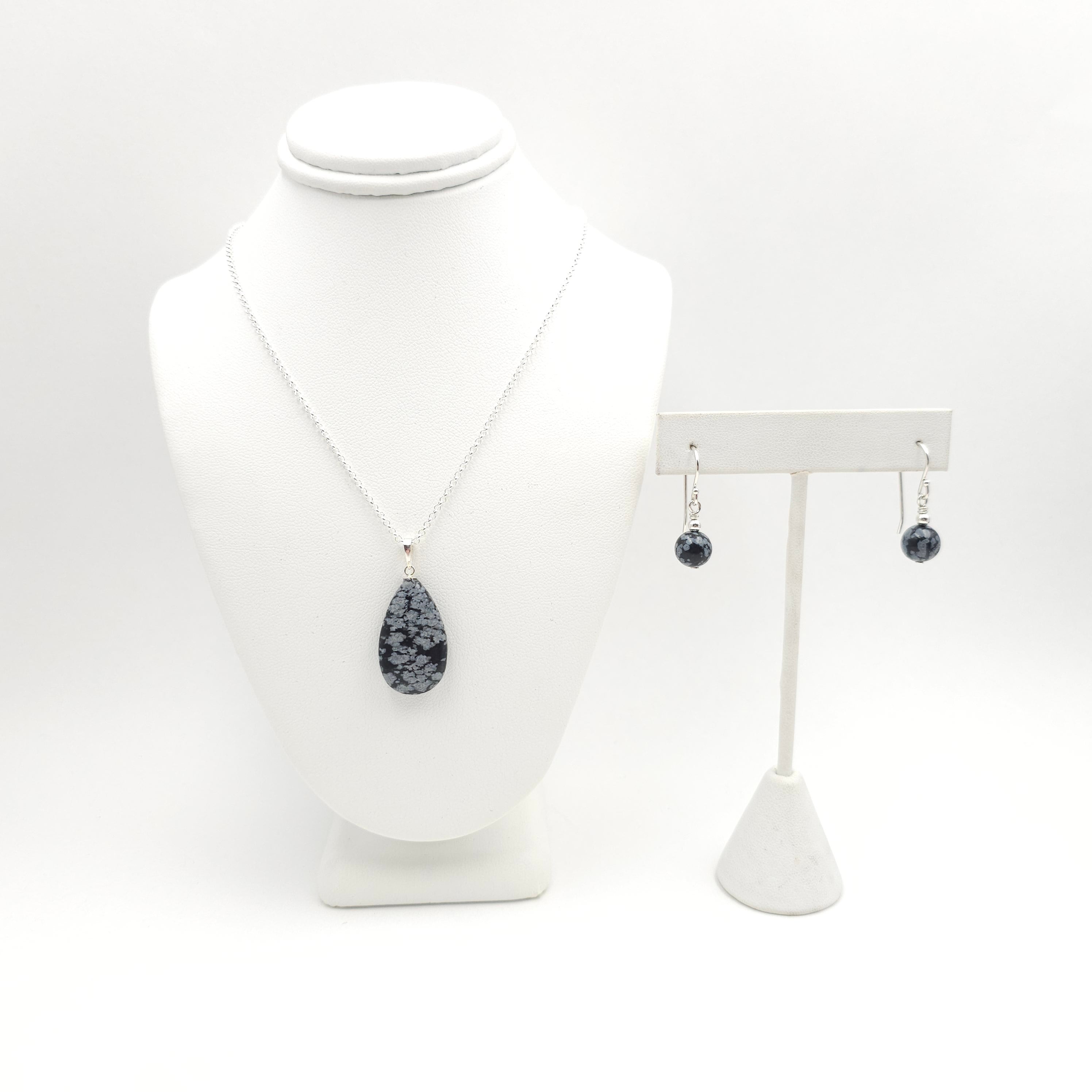 Snowflake obsidian teardrop necklace