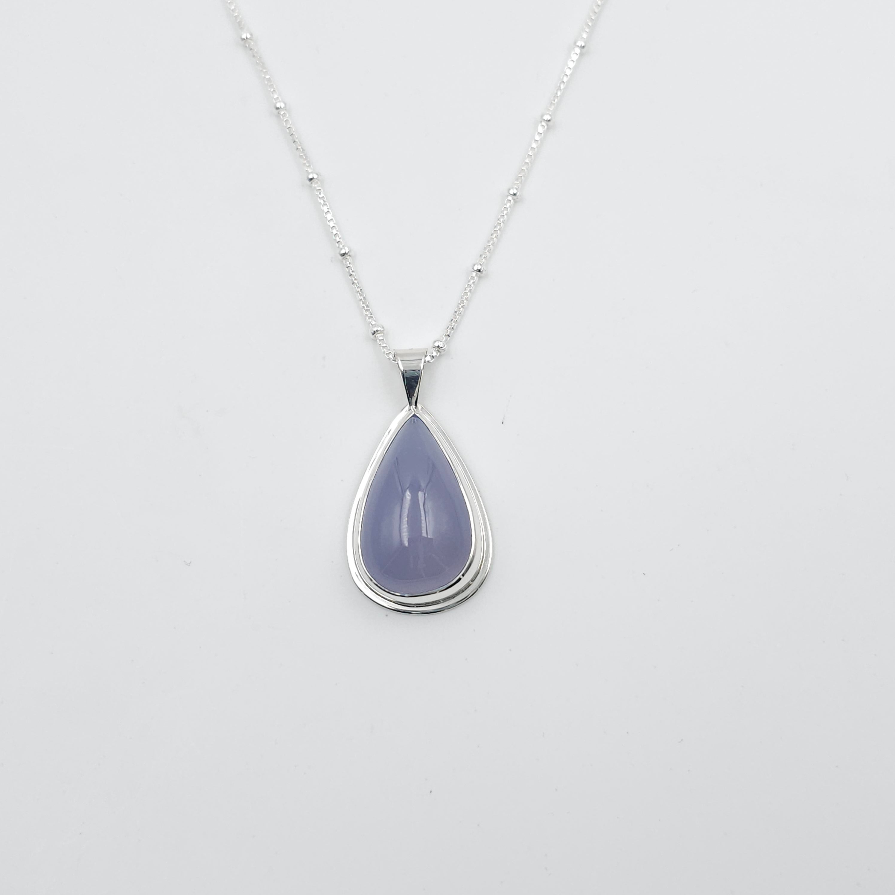 Teardrop shaped lavender chalcedony gemstone bezel set necklace