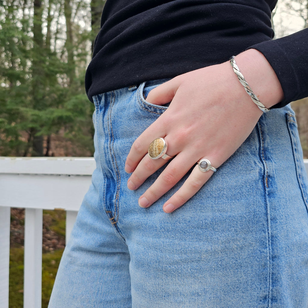 Large oval Jasper bezel set sterling silver ring