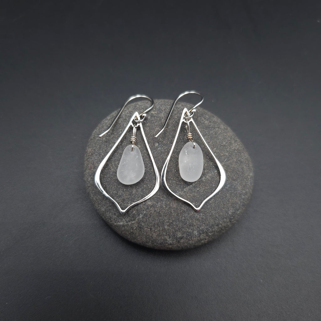 Sterling silver pointed teardrop earrings with white sea glass
