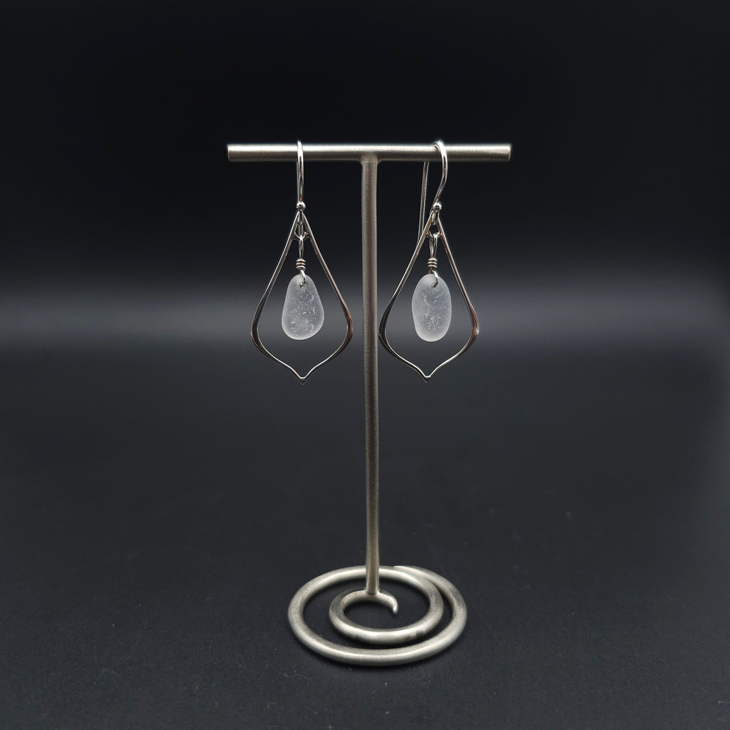 Sterling silver pointed teardrop earrings with white sea glass