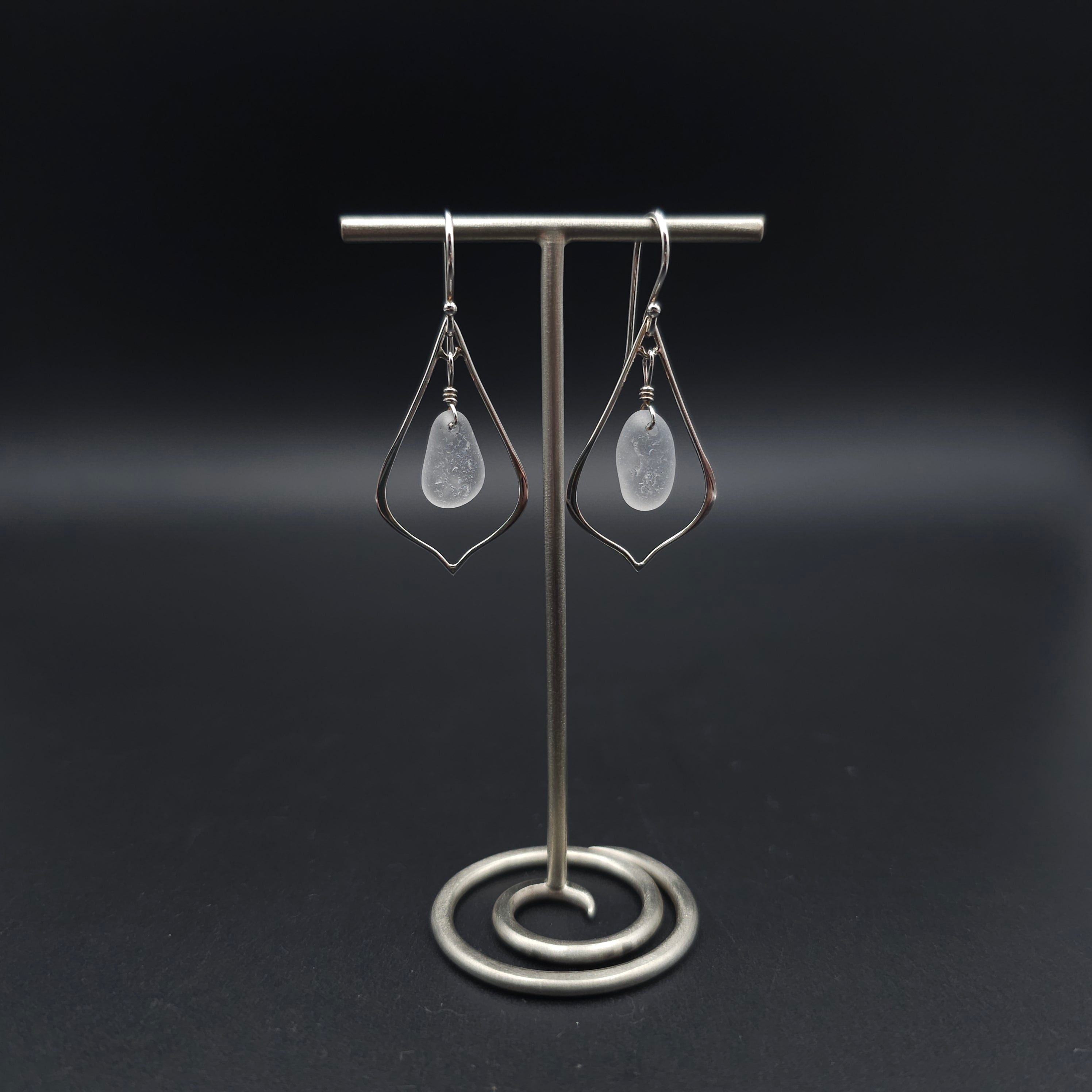 Sterling silver pointed teardrop earrings with white sea glass