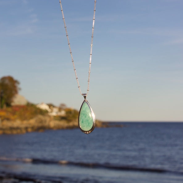 Sterling silver Amazonite teardrop bezel set necklace