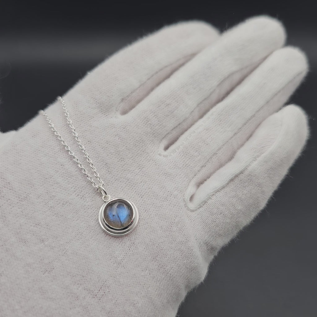Round labradorite bezel set sterling silver necklace