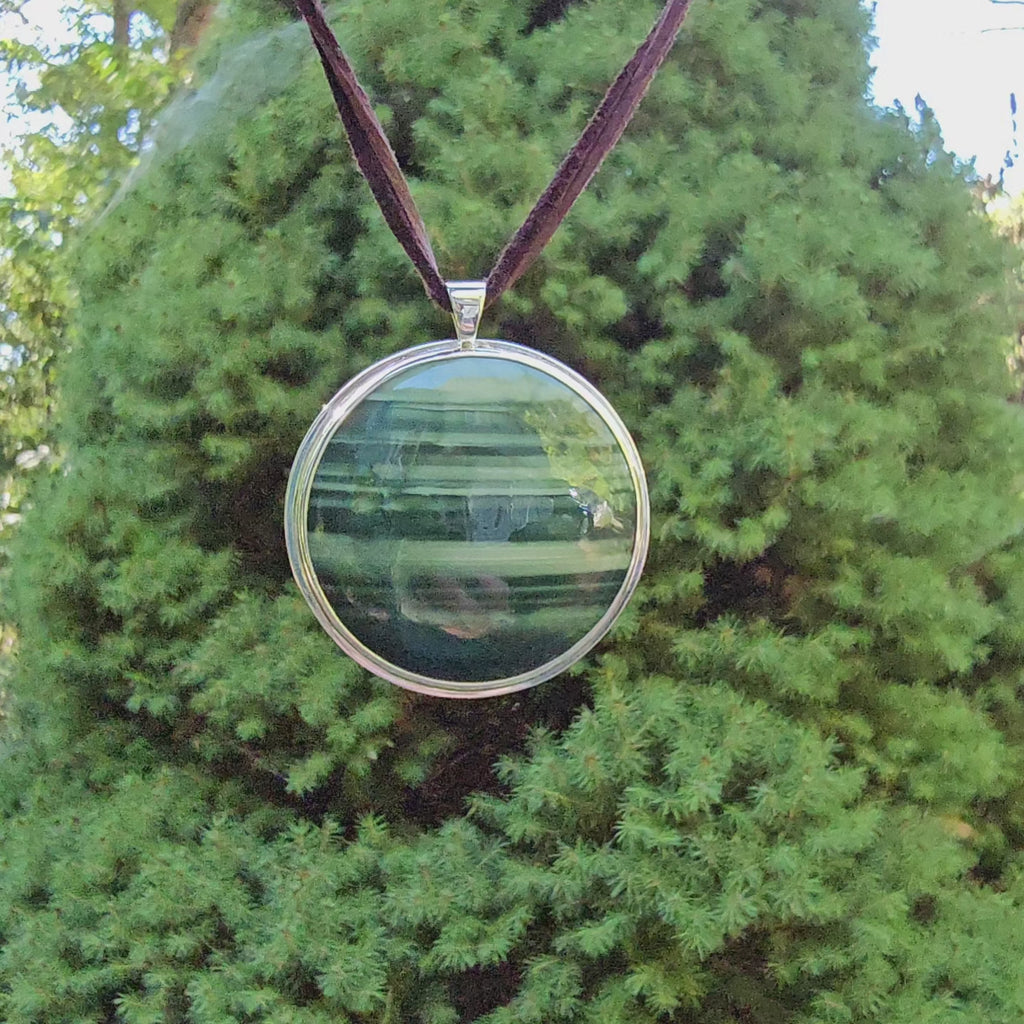 Green striped jasper bezel set sterling silver necklace