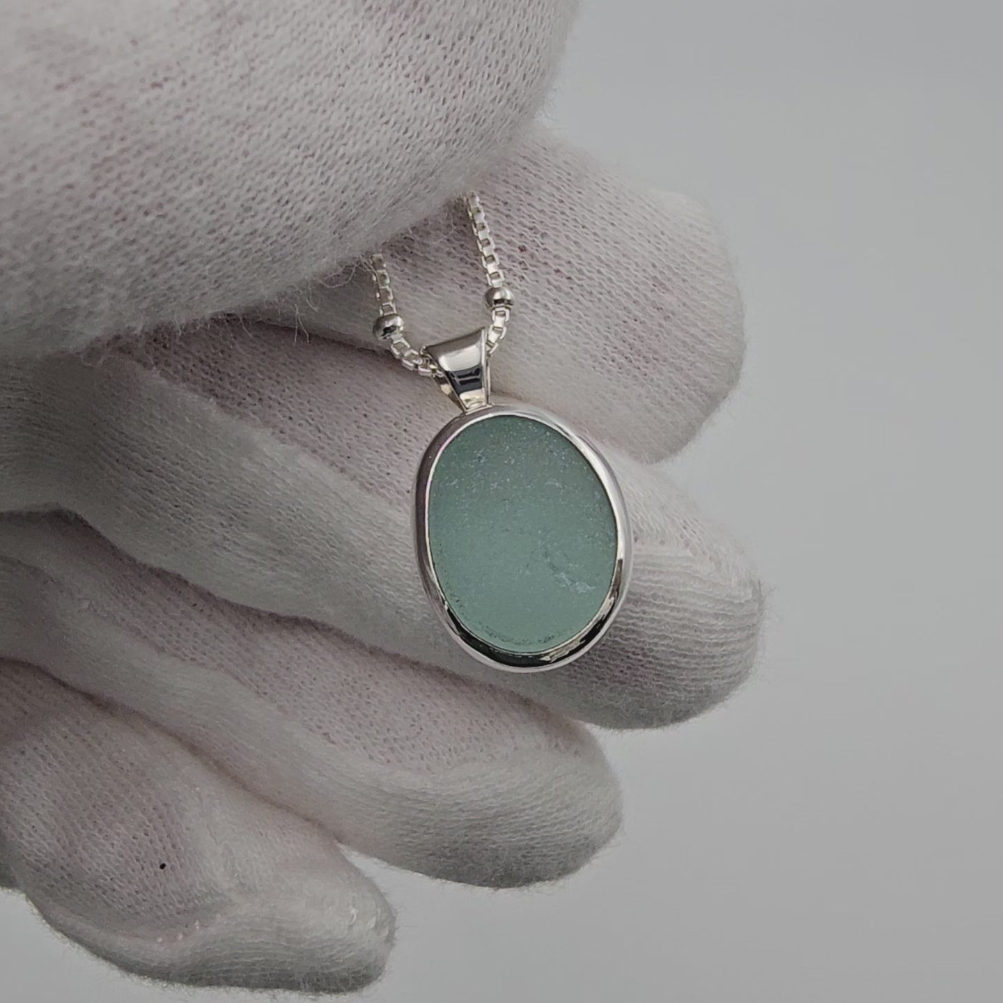 Genuine aqua sea glass sterling silver bezel set necklace