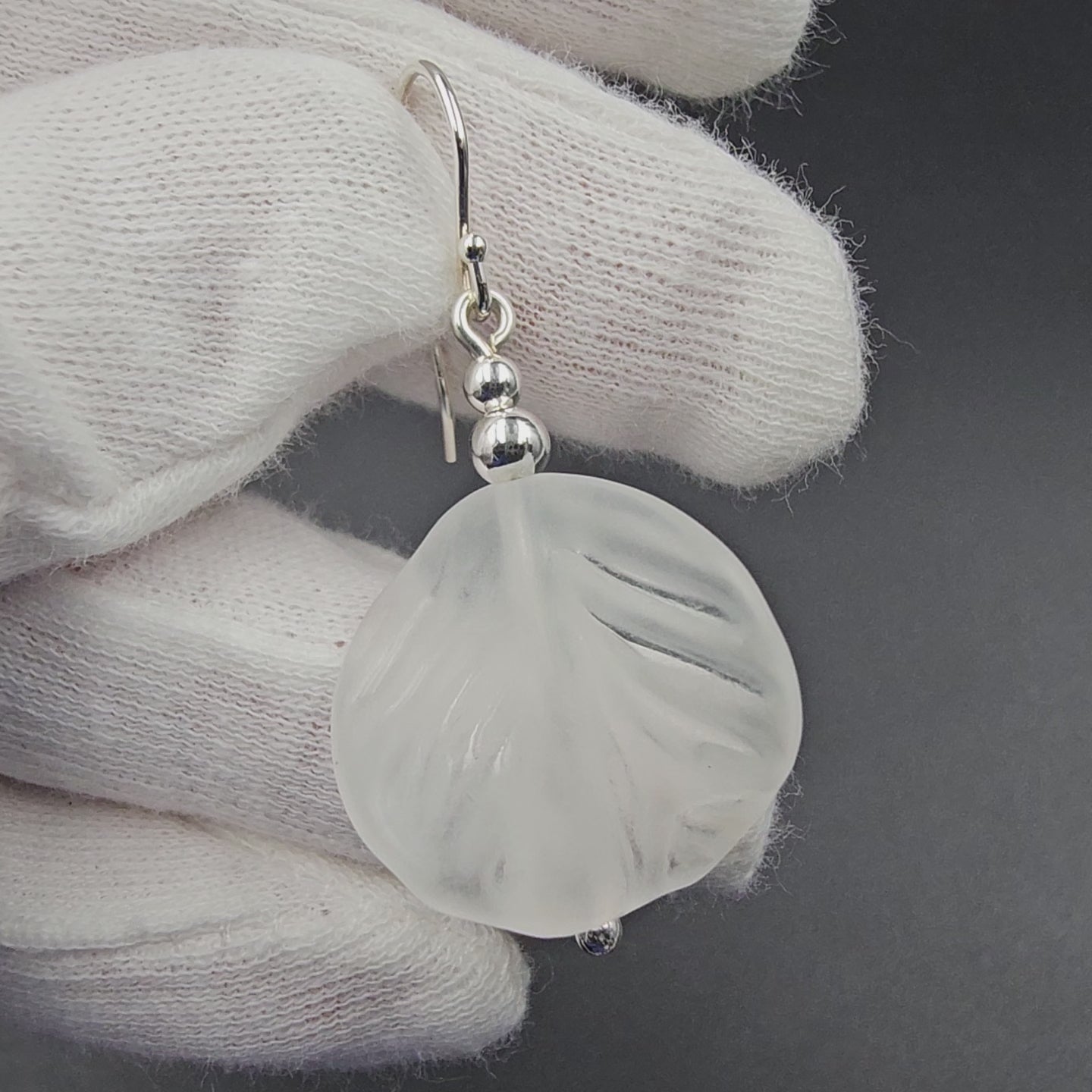 White wavy leaf bead earrings sterling silver