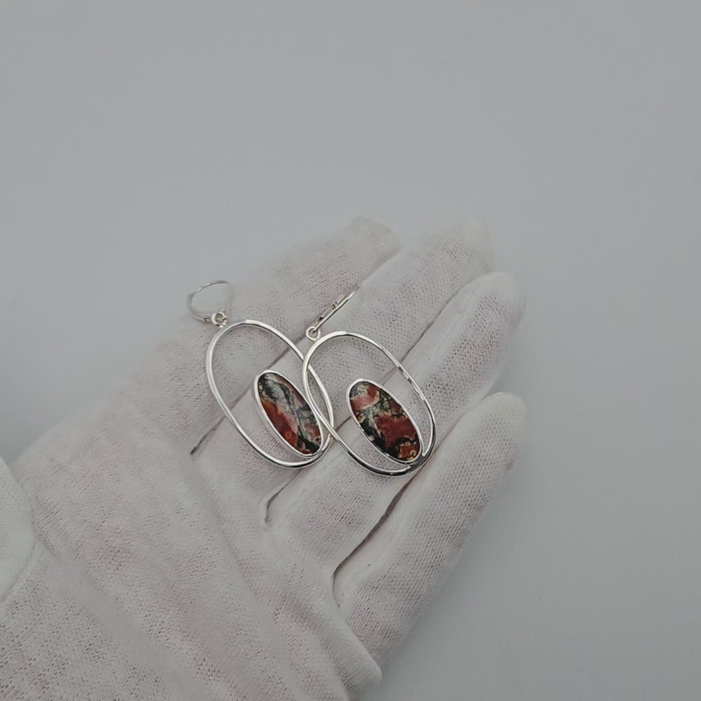 Moss agate oval sterling silver dangle earrings