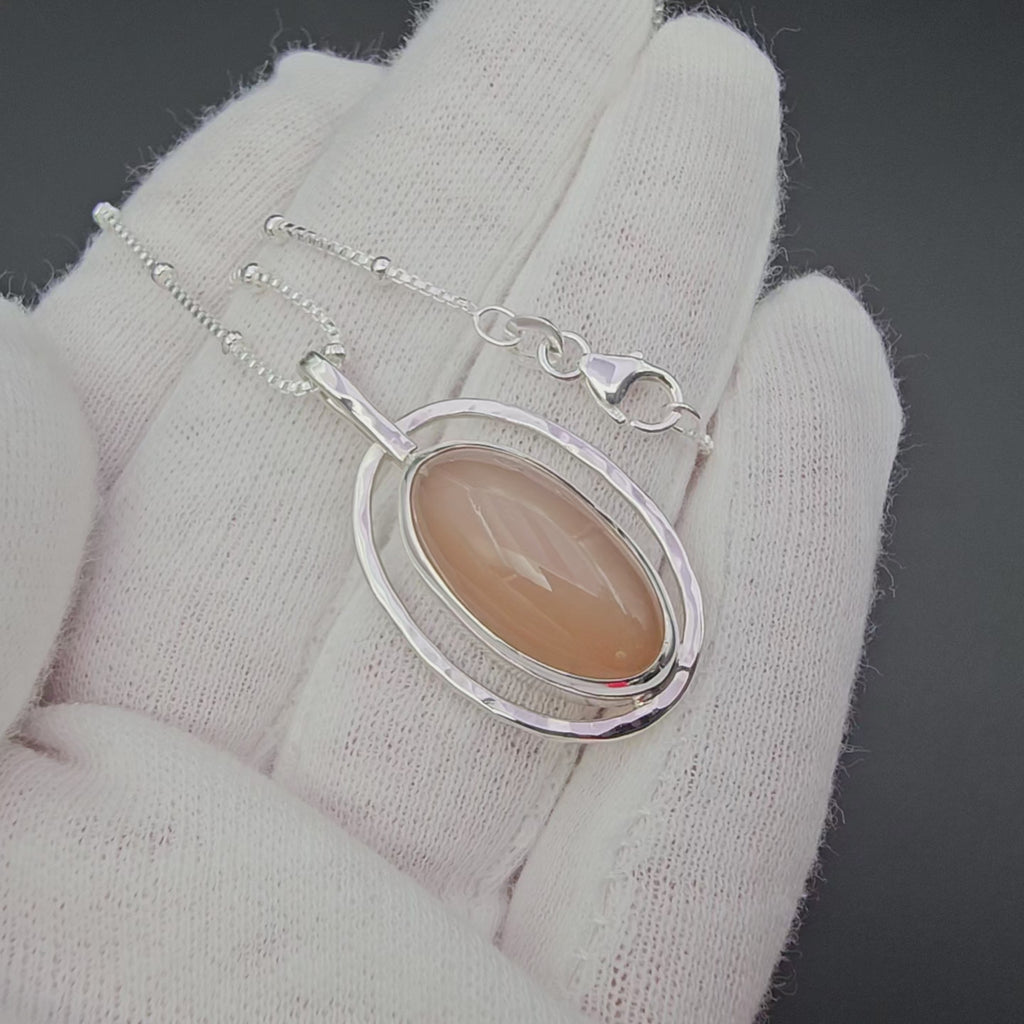 Oval peach moonstone sterling silver necklace