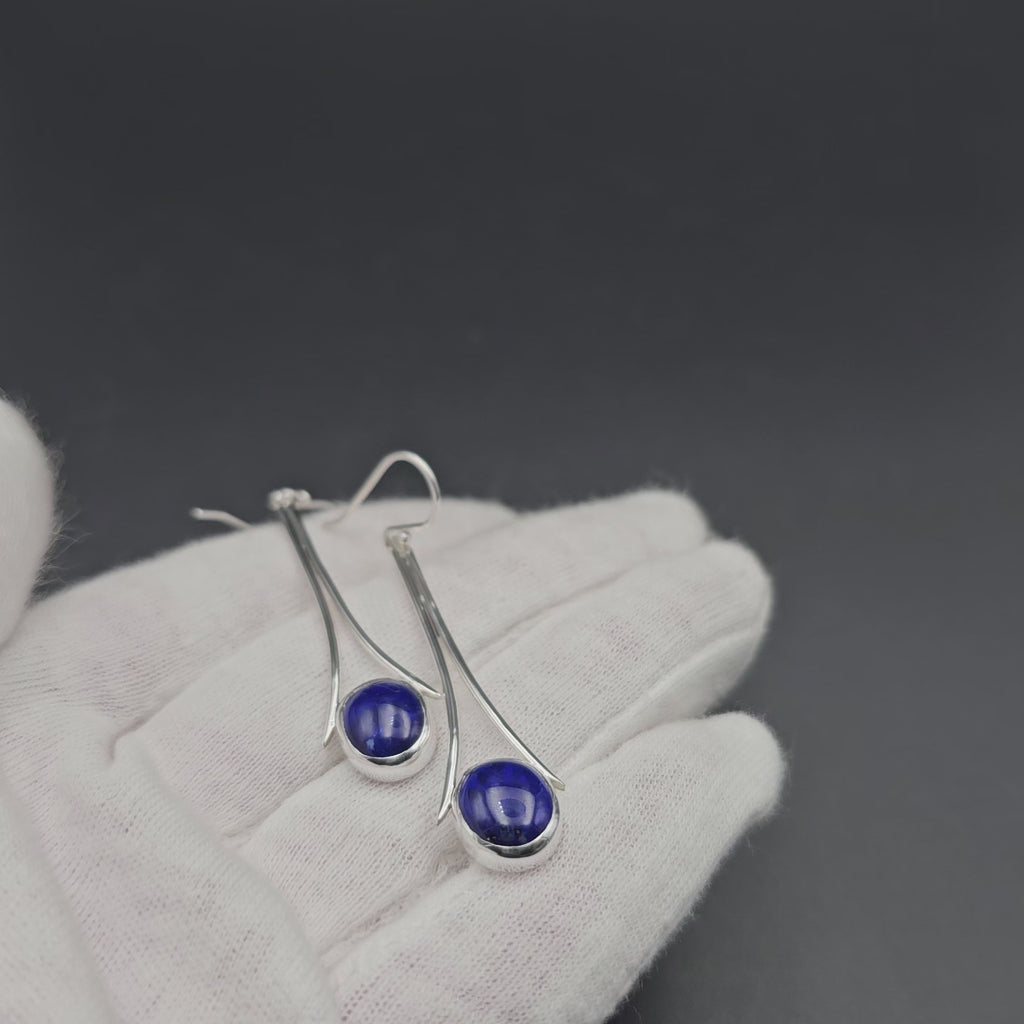 Long sterling silver earrings with bezel set Lapis lazuli