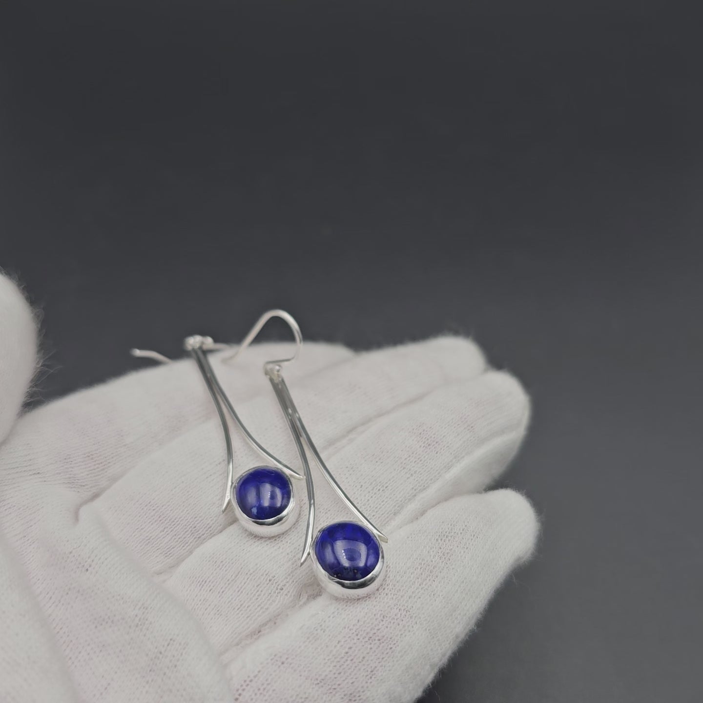 Long sterling silver earrings with bezel set Lapis lazuli
