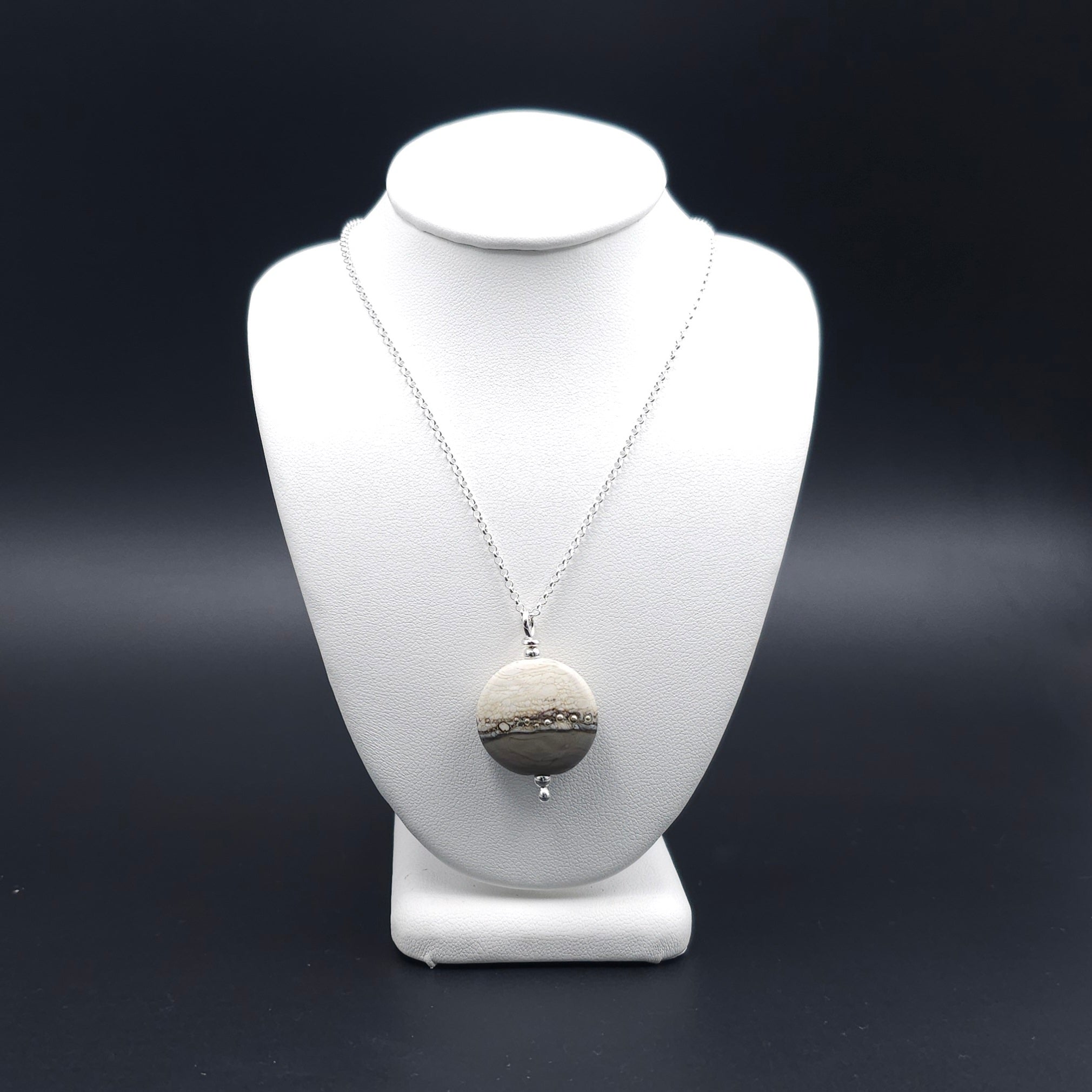 Handmade glass bead necklace beige and gray