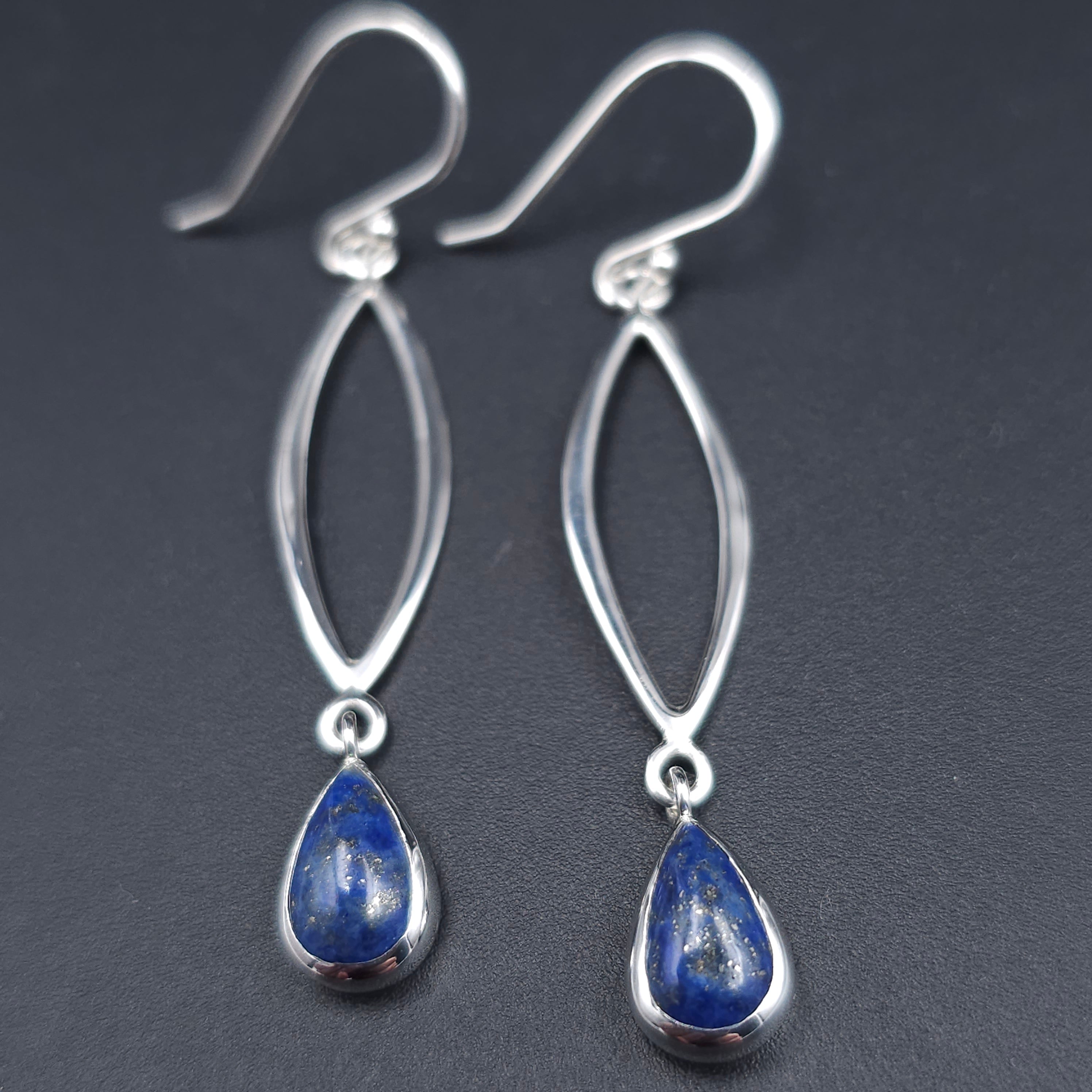 Sterling silver marquis shaped earrings with teardrop lapis dangles