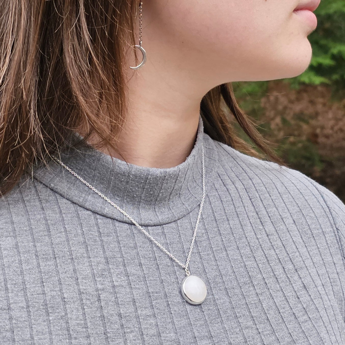 Full moon necklace- quartz and sterling silver