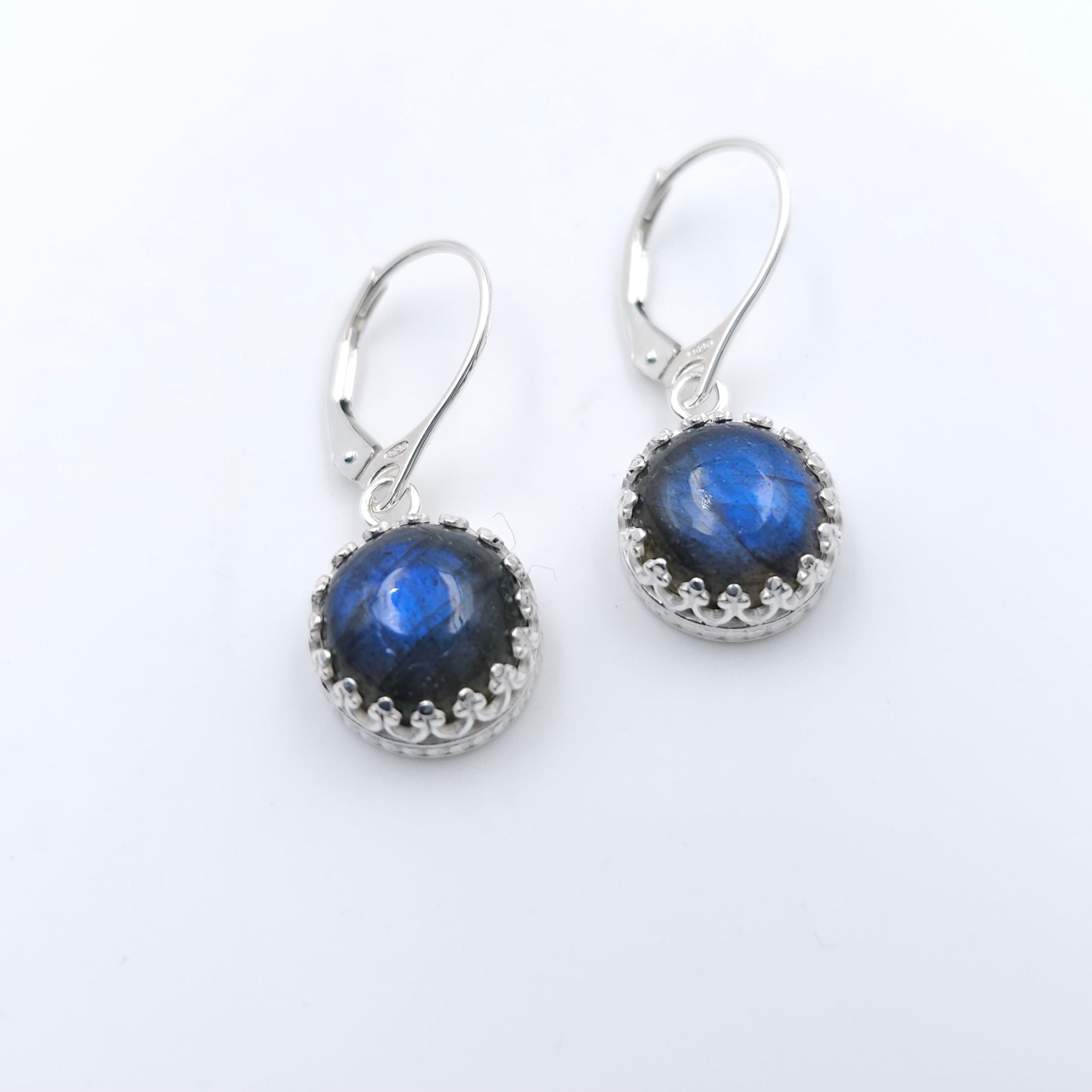 Round blue labradorite earrings in fancy crown bezel settings with lever back earring wires