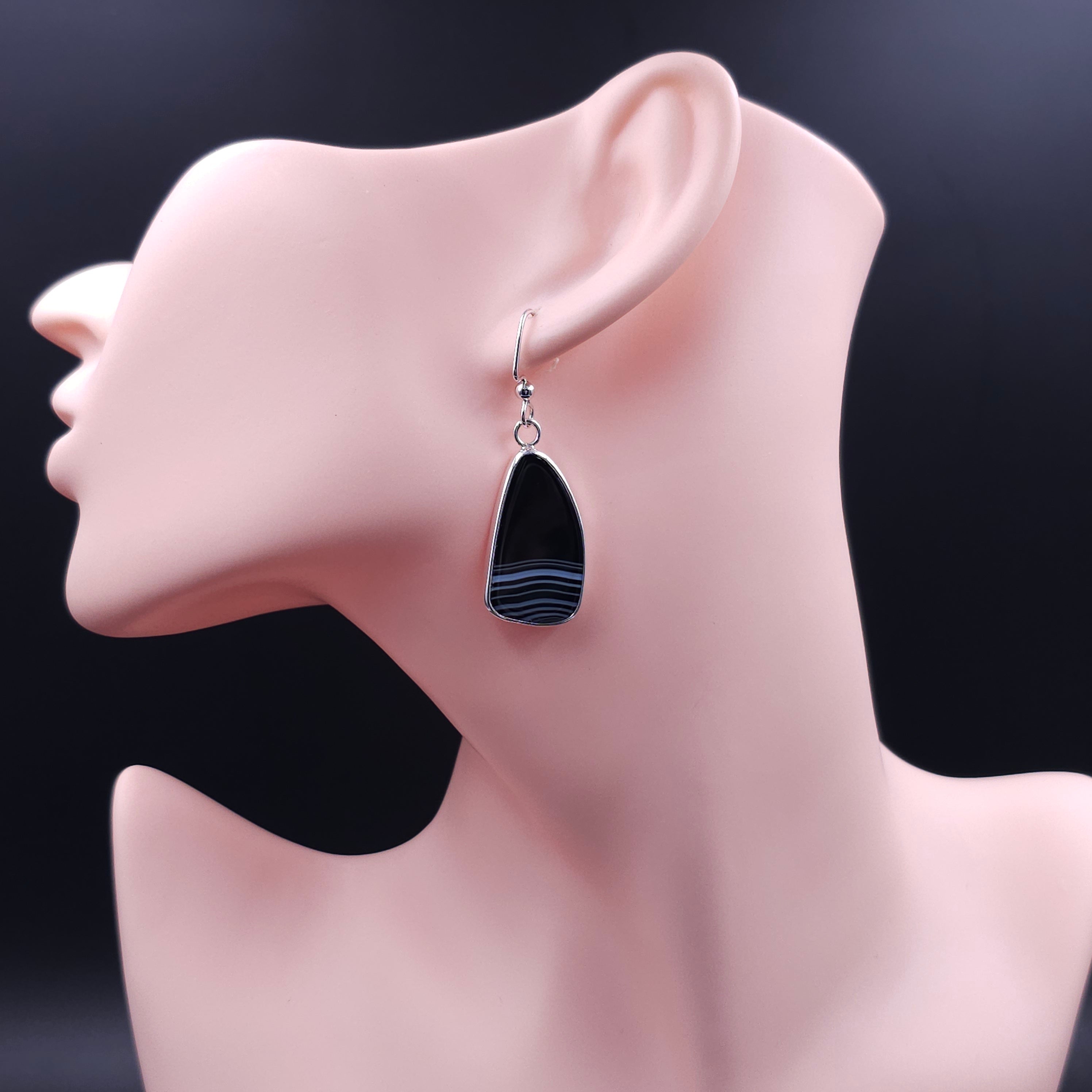 Striped black onyx bezel set sterling silver earrings