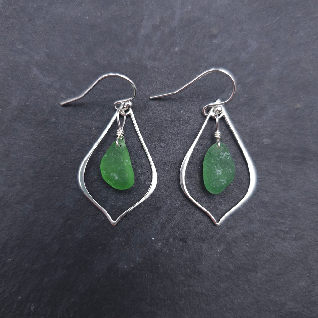 Green sea glass pointed teardrop sterling silver earrings