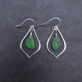 Green sea glass pointed teardrop sterling silver earrings