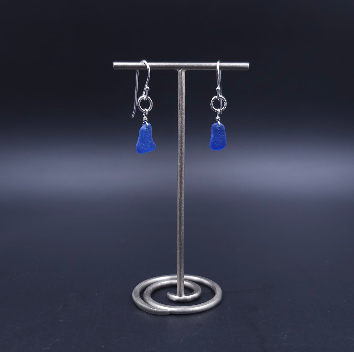 Cobalt blue sea glass sterling silver earrings with silver circle accents