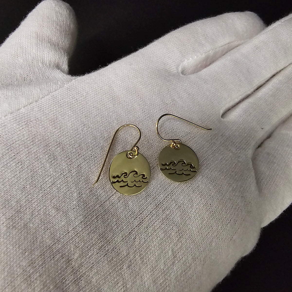 Wave design brass dangle earrings with gold-filled earring wires