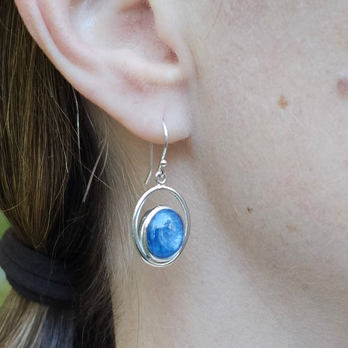 Blue kyanite sterling silver bezel set earrings
