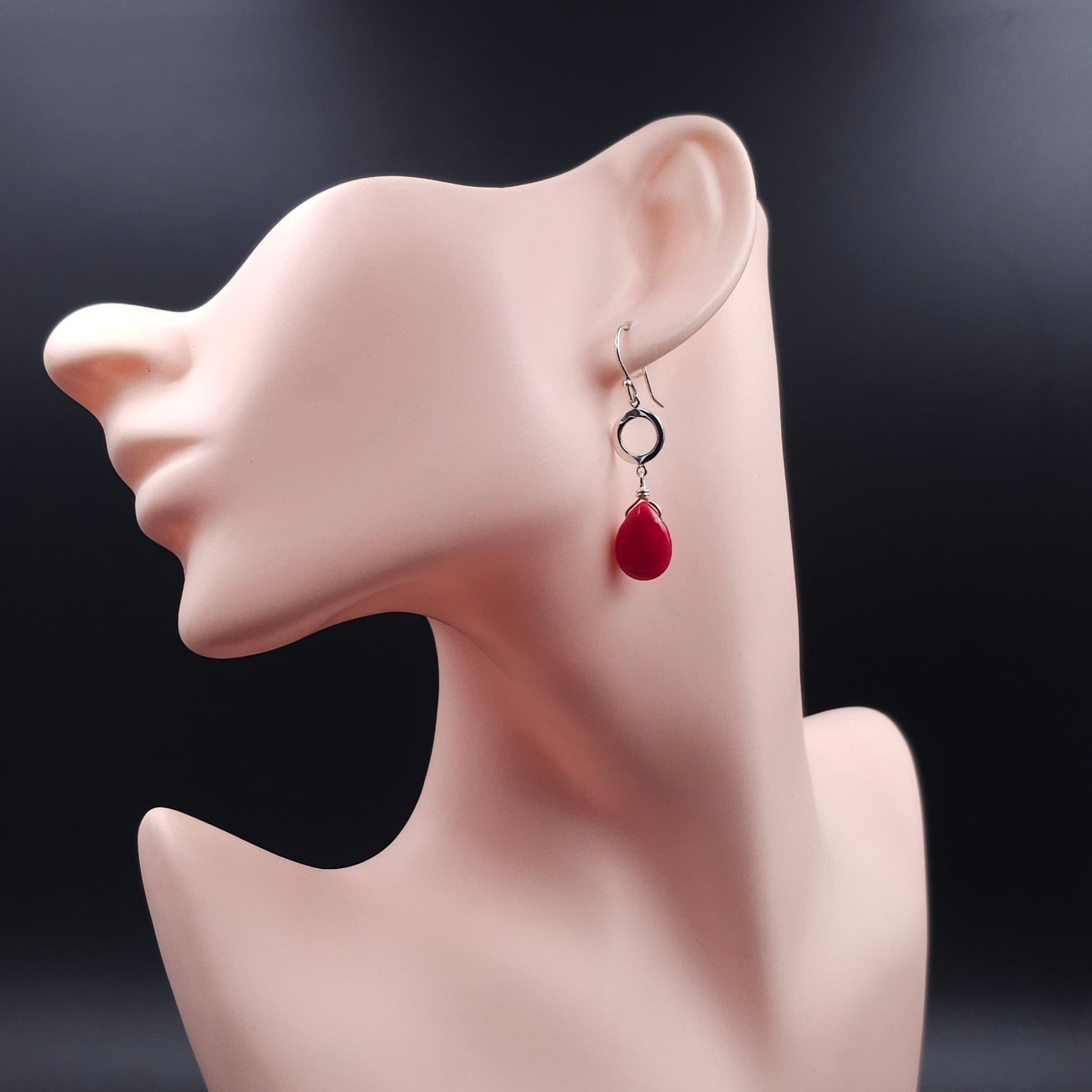Red teardrop with sterling circle earrings