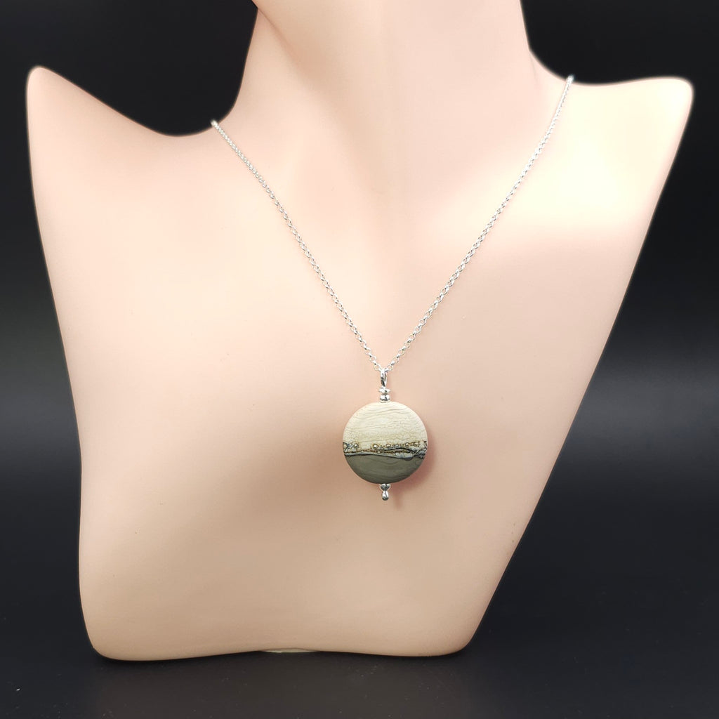 Handmade glass bead necklace beige and gray