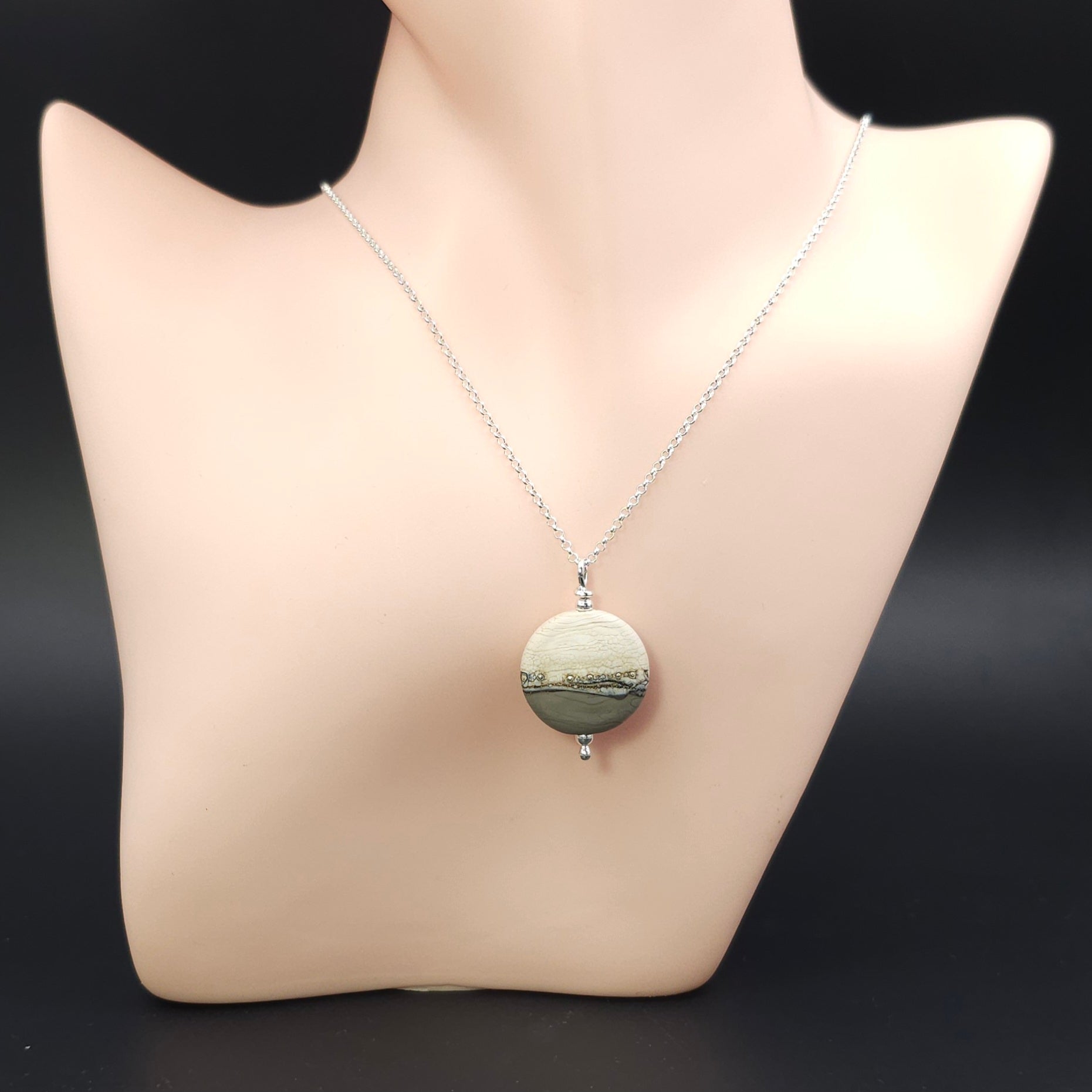 Handmade glass bead necklace beige and gray