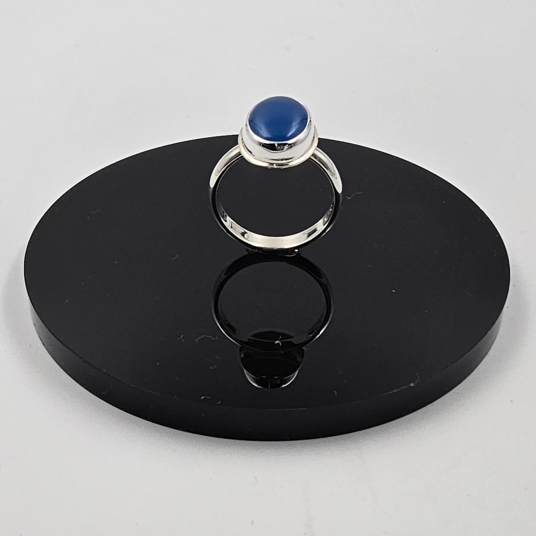Blue agate oval bezel set sterling silver ring