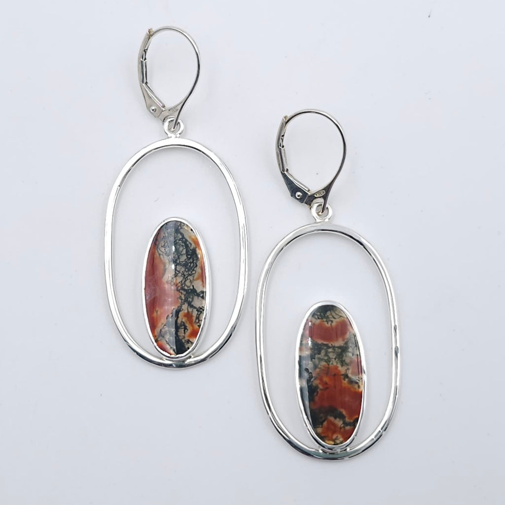 Moss agate oval sterling silver dangle earrings