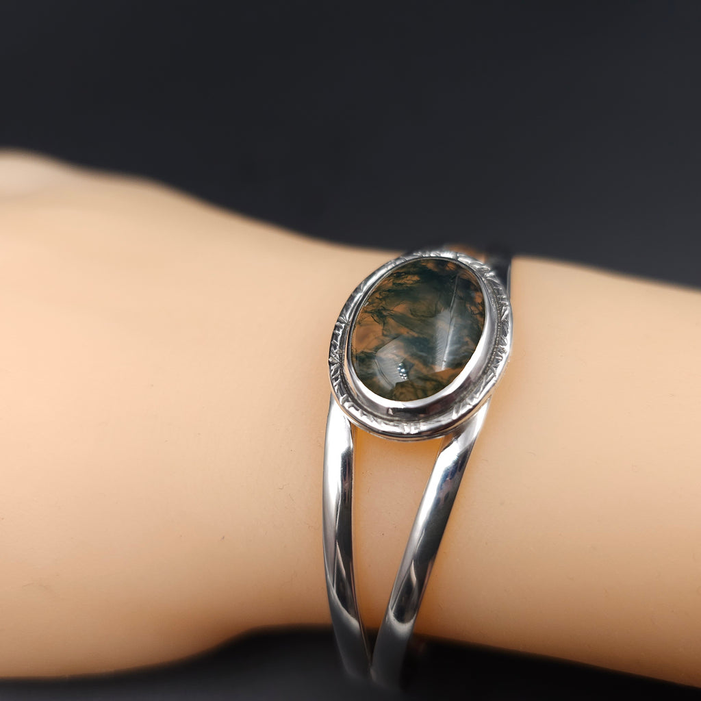Moss agate bezel set open cuff sterling silver bracelet
