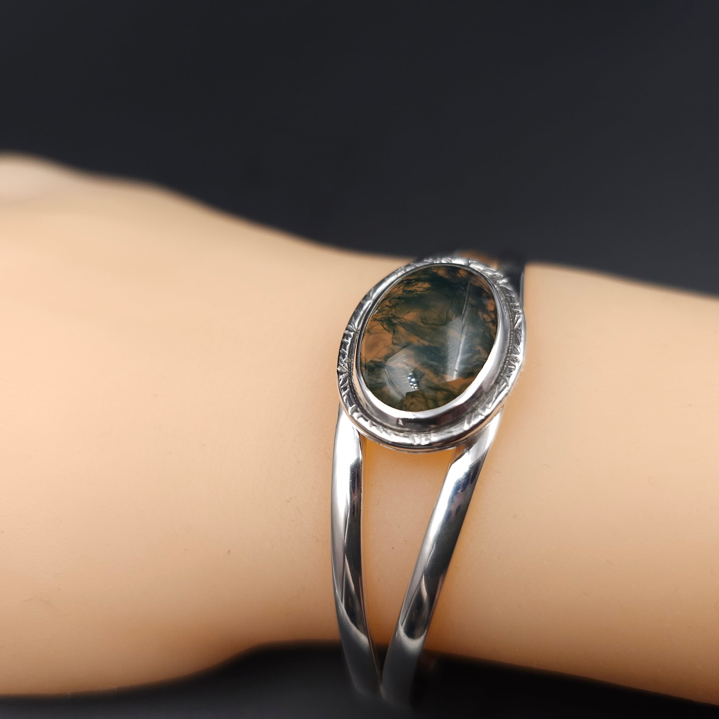 Moss agate bezel set open cuff sterling silver bracelet