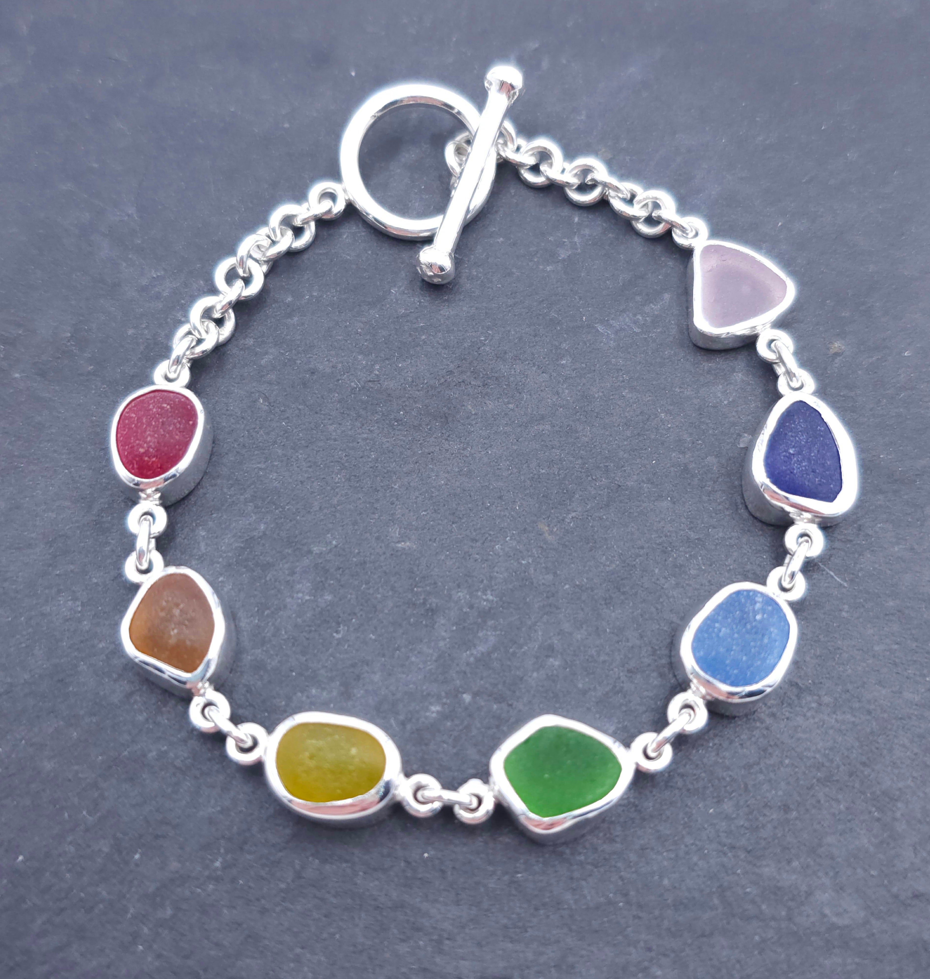 Sterling silver bezel set rainbow sea glass link bracelet