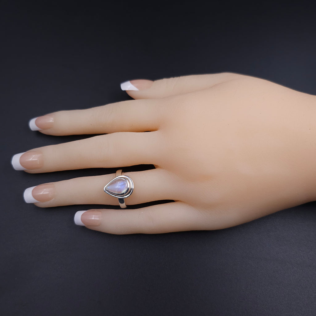 Rainbow moonstone teardrop bezel set sterling silver ring