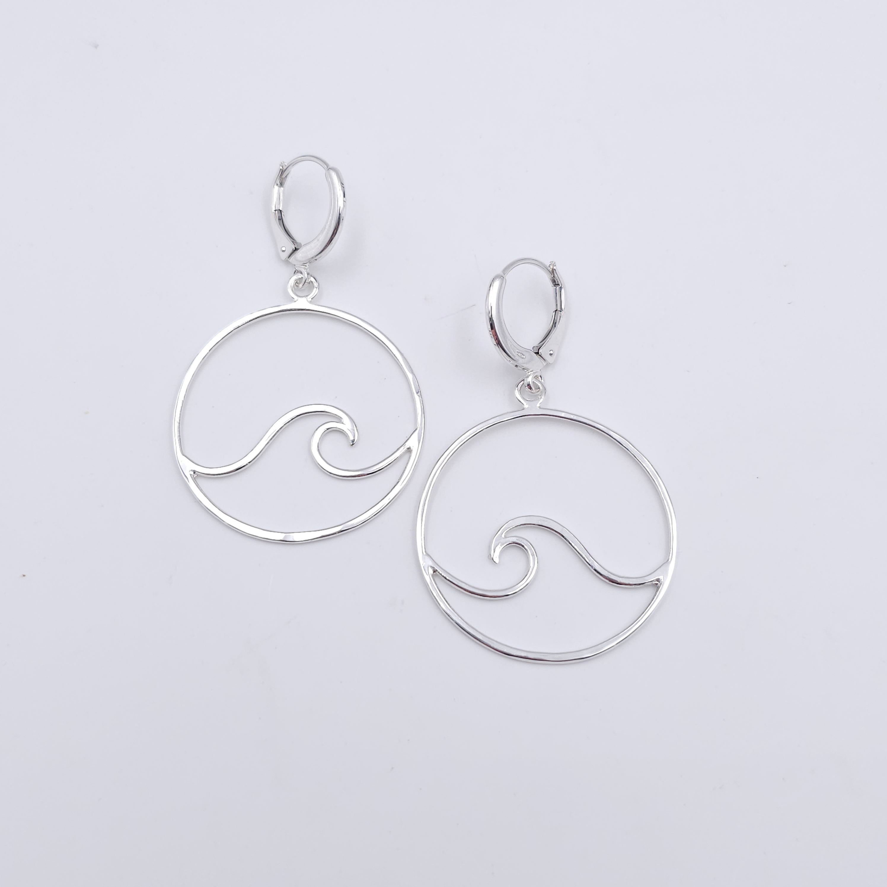 Sterling silver large wave in circle dangle earrings