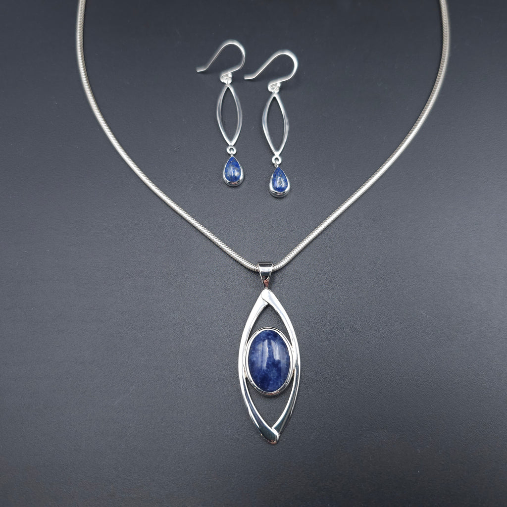 Sterling silver marquis shaped earrings with teardrop lapis dangles