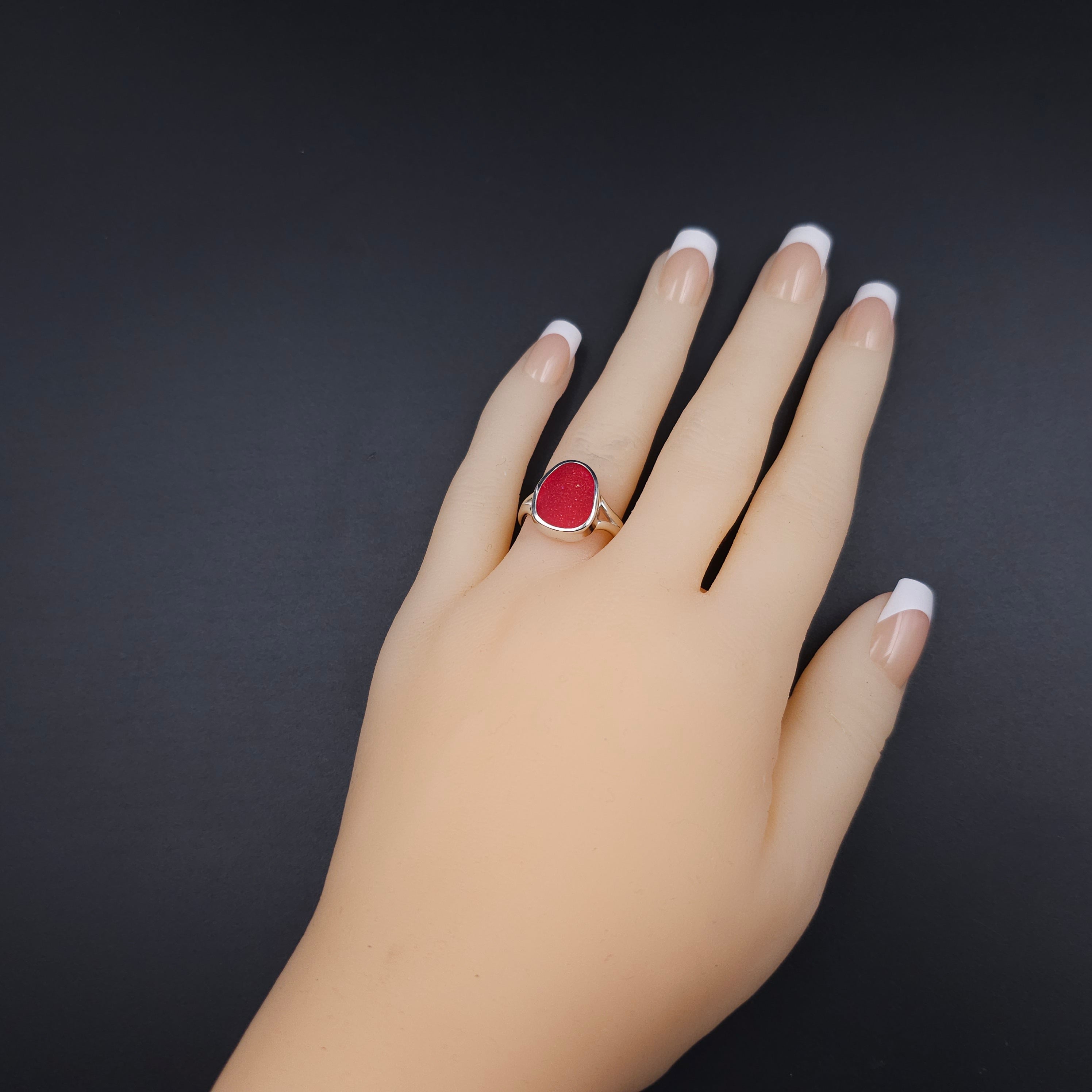 Genuine red sea glass sterling silver ring