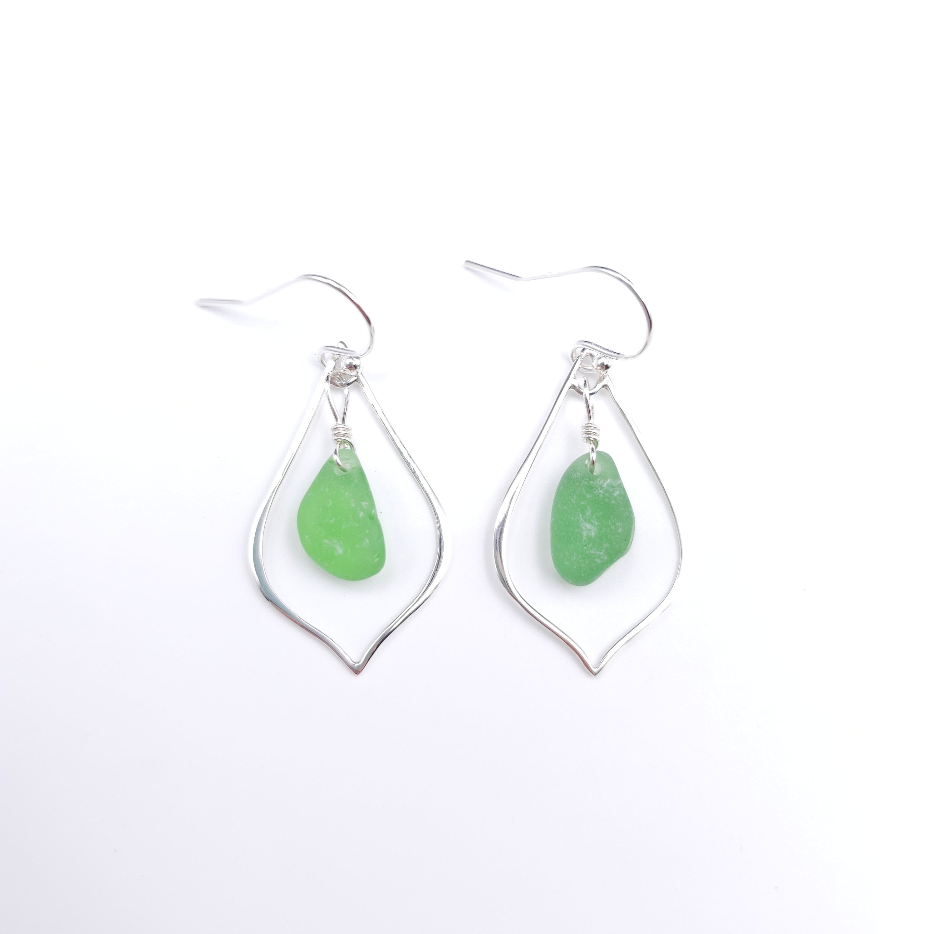 Green sea glass pointed teardrop sterling silver earrings