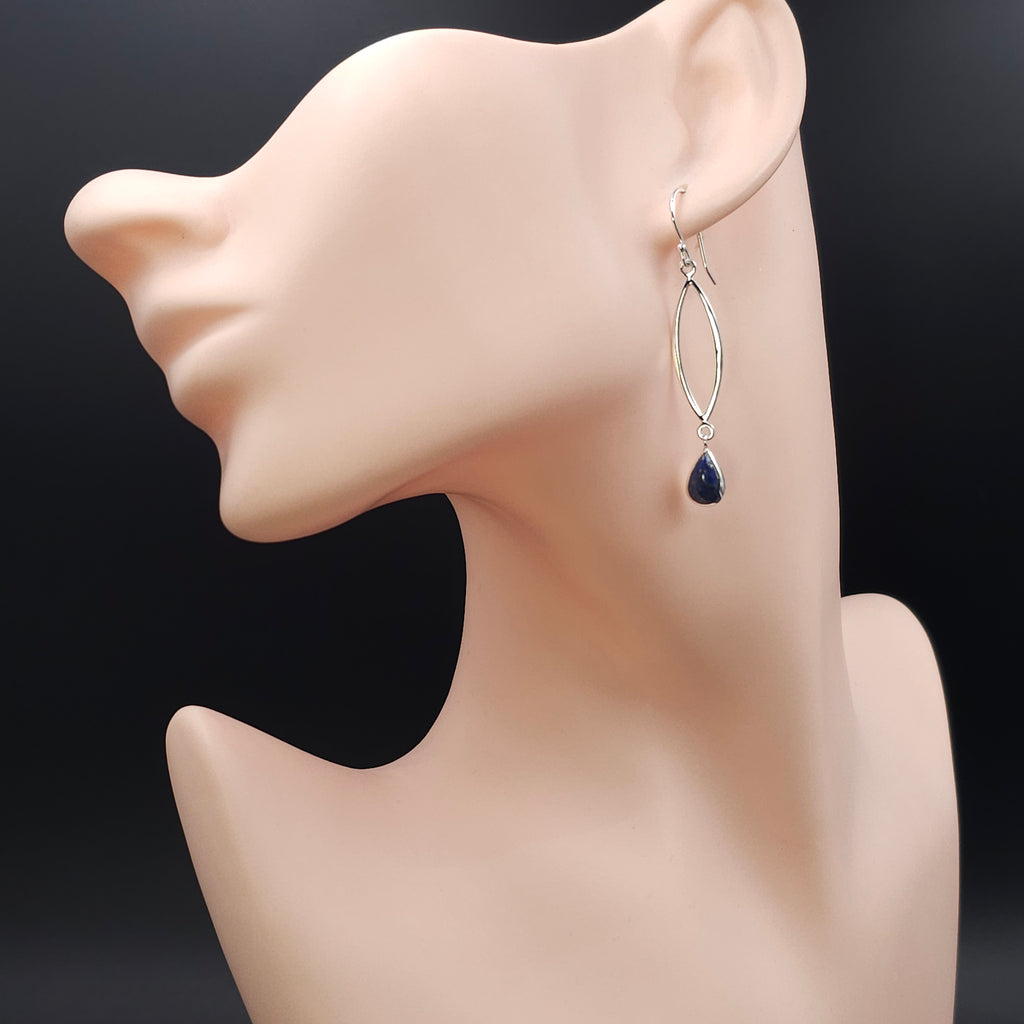 Sterling silver marquis shaped earrings with teardrop lapis dangles