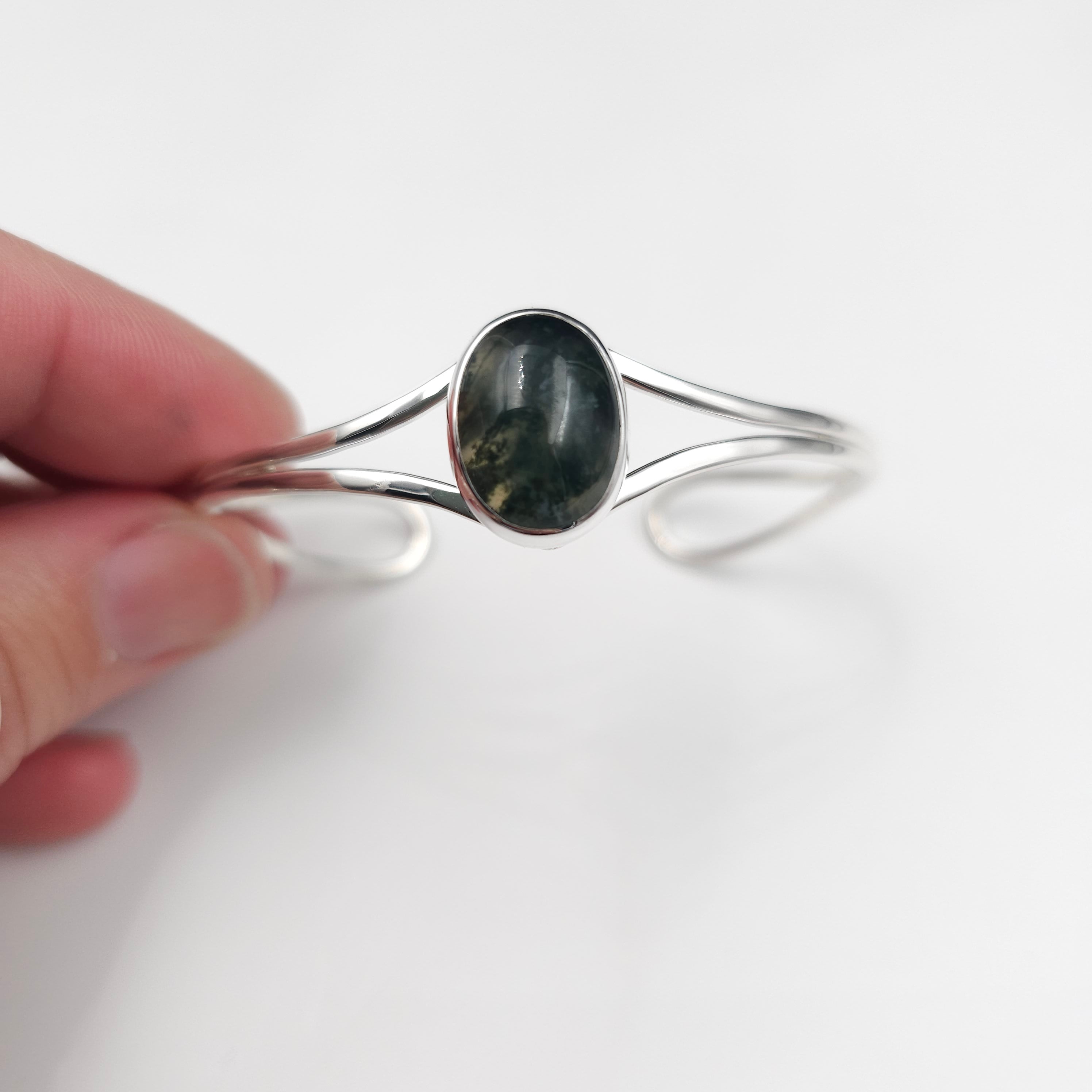 Oval moss agate bezel set wire cuff sterling silver bracelet